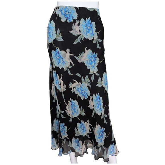 VTG Silk Chiffon Floral Angel Print Midi Skirt Medium Y2K Fairy Grunge Floral - Picture 1 of 9